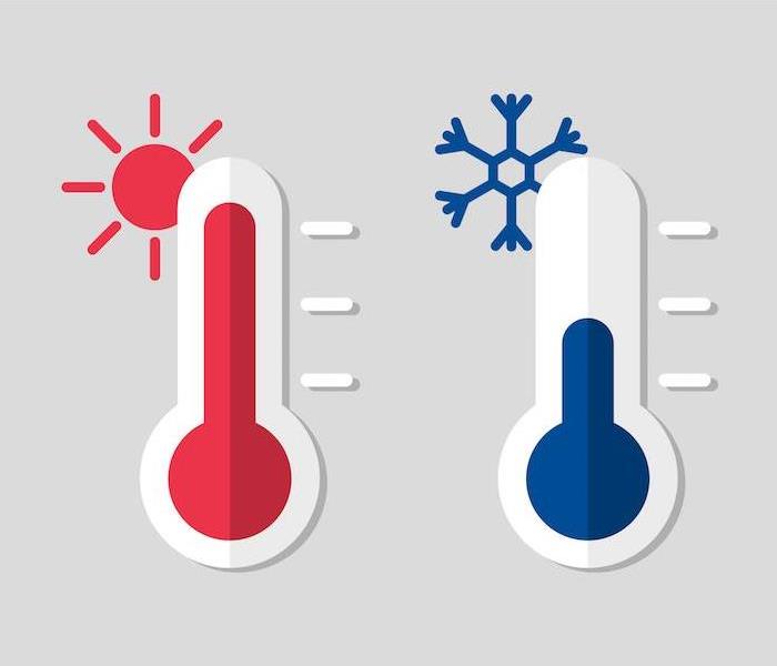"side by side view of a hot and cold thermometer " 